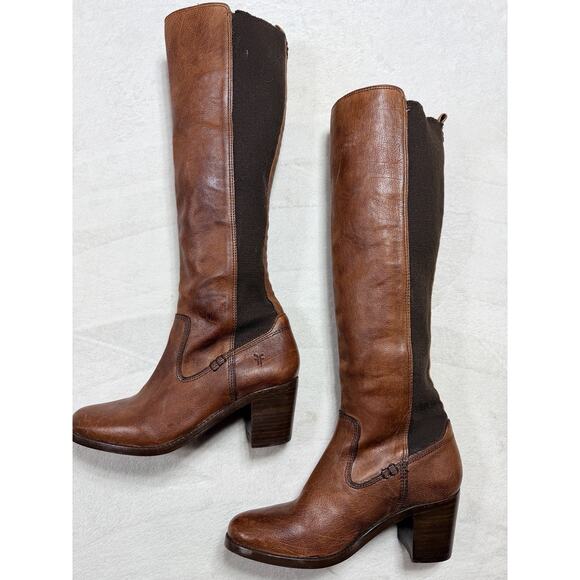 Frye Shoes - Frye Melissa Button Brown Leather Riding Boots Sz 6.5 B Tall Pull On Stretch 401